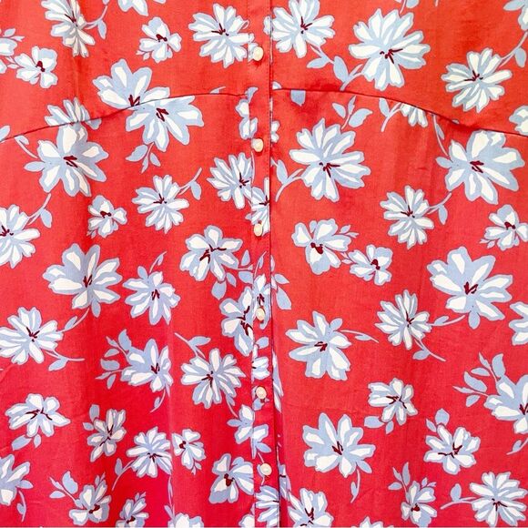 LOFT Floral Flare Retro Shirt Dress Coral Red Blue White Size 14P | 14 Petite - Picture 10 of 14